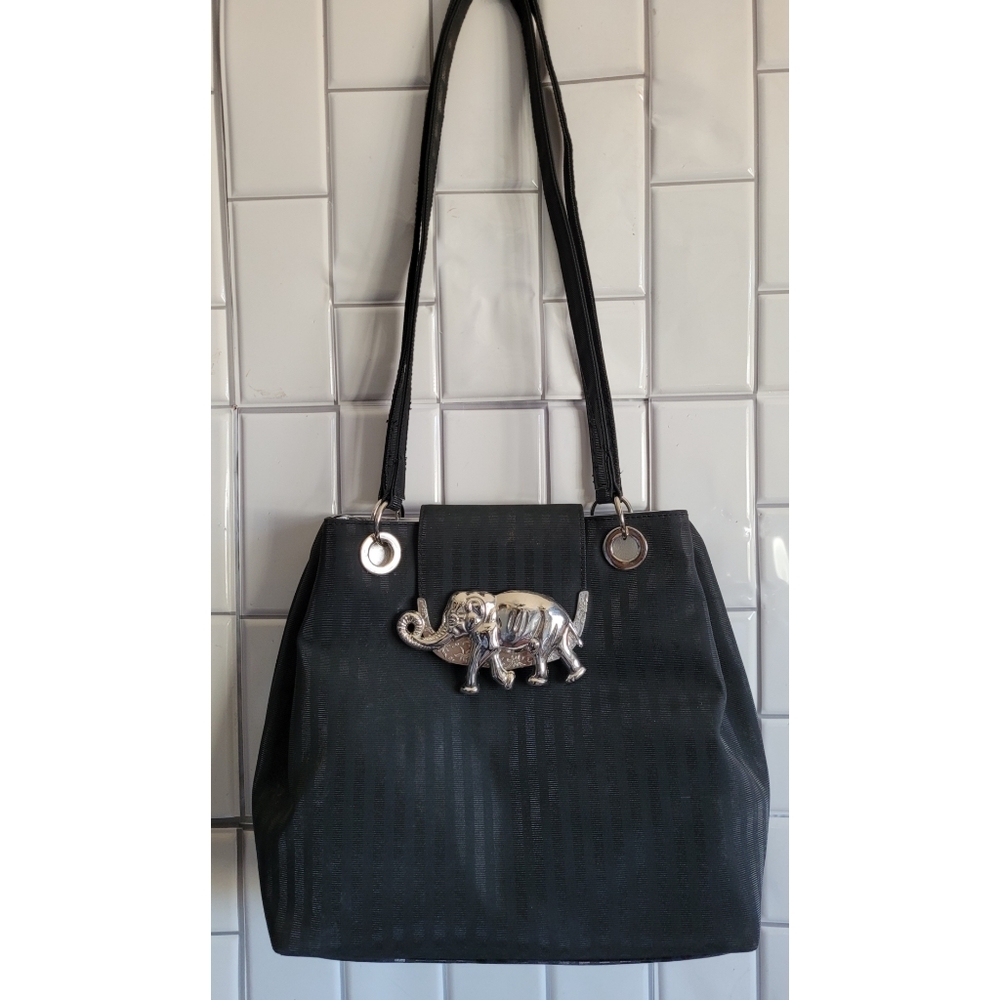 Black Shoulder Bag with Silver Elephant Accent